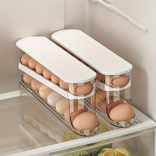 Space-Saving Refrigerator Side Door Rolling Egg Storage Box - Durable Plastic, No Batteries Needed, 2-Tier Transparent Compartments for Easy Egg Access & Organization, Kitchen & Fridge Organizer, Egg Organizer for Refrigerato