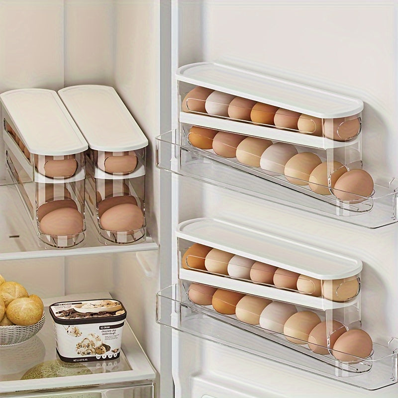 Space-Saving Refrigerator Side Door Rolling Egg Storage Box - Durable Plastic, No Batteries Needed, 2-Tier Transparent Compartments for Easy Egg Access & Organization, Kitchen & Fridge Organizer, Egg Organizer for Refrigerato