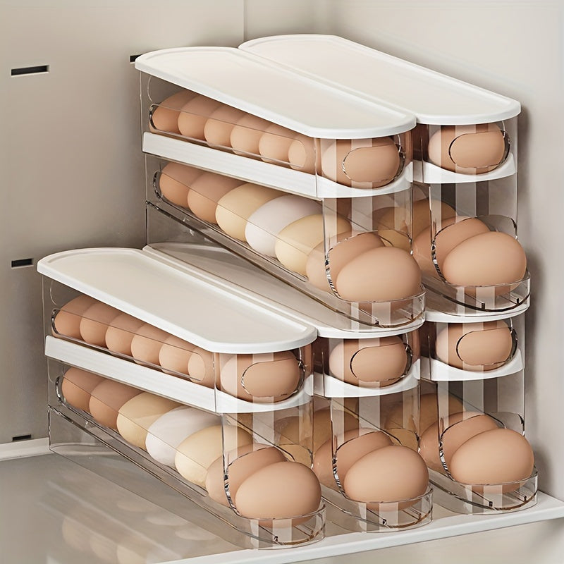 Space-Saving Refrigerator Side Door Rolling Egg Storage Box - Durable Plastic, No Batteries Needed, 2-Tier Transparent Compartments for Easy Egg Access & Organization, Kitchen & Fridge Organizer, Egg Organizer for Refrigerato