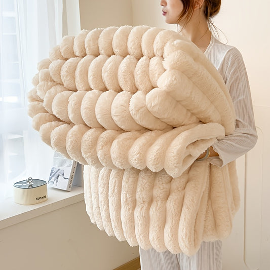 Warm and comfortable flannel drawstring blanket, imitation rabbit fur blanket, soft and warm sofa blanket, suitable for napping, office, outdoor camping, sofa nap blanket, versatile striped pattern gift blanket for all season