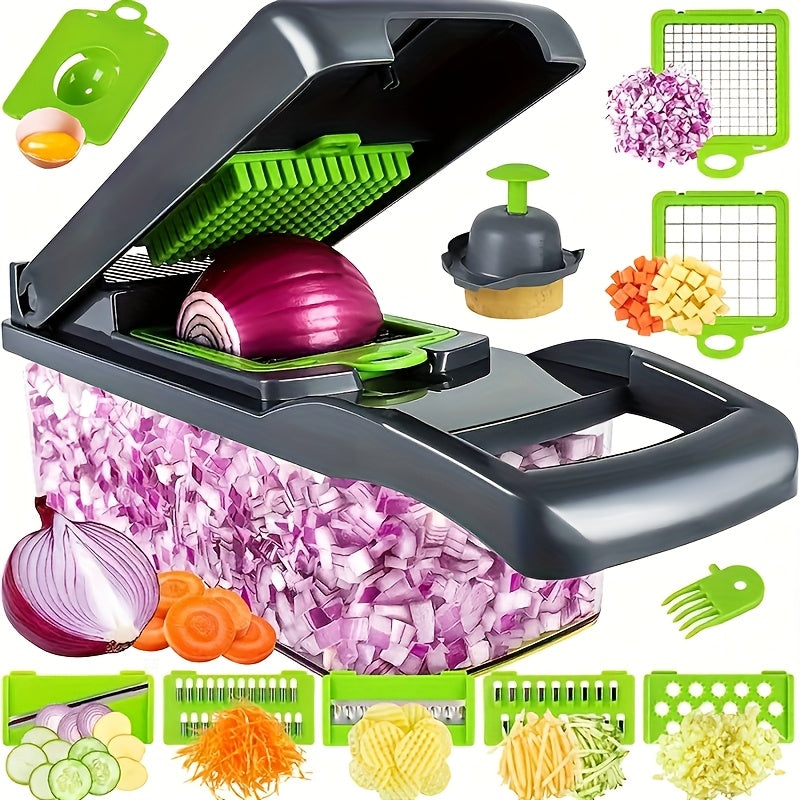 A Set of 16 Multifunctional Kitchen Tools Including a Manual Vegetable Chopper, Fruit Slicer, Food Grater, Onion Chopper, And Potato Chopper with Containers, Perfect for Grilling And Outdoor Cooking., Garage Summer Barbecue A