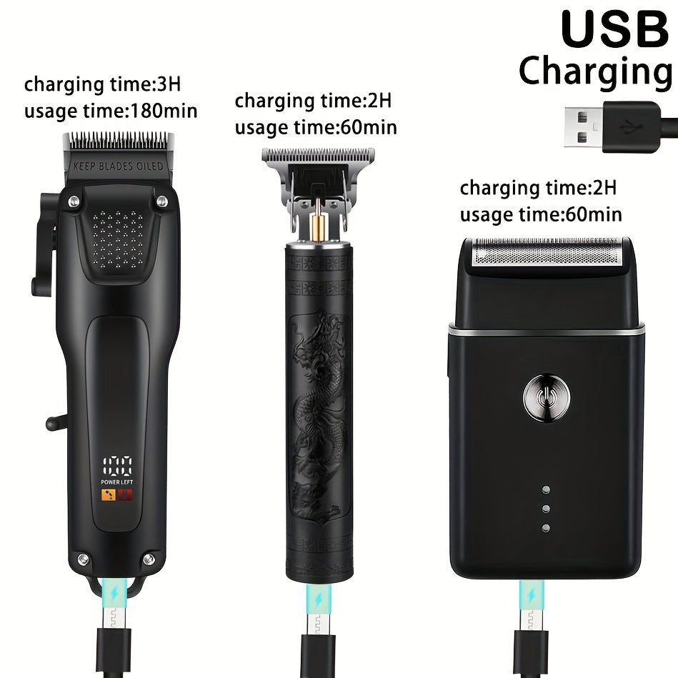 3pcs Men'S Professional Hair & Beard Grooming Kit - Cordless Clippers with LED Display, Precision Trimmer Set, USB Rechargeable, For Home, Perfect Holiday Gift