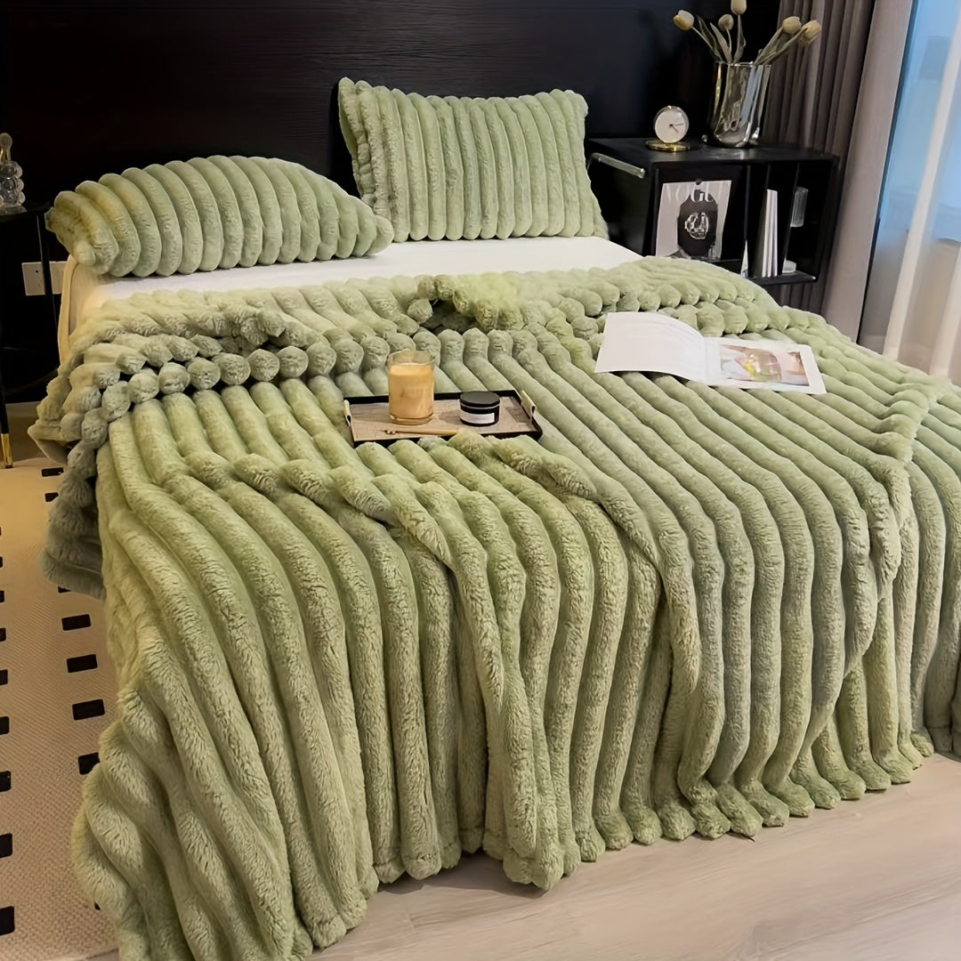 Warm and comfortable flannel drawstring blanket, imitation rabbit fur blanket, soft and warm sofa blanket, suitable for napping, office, outdoor camping, sofa nap blanket, versatile striped pattern gift blanket for all season