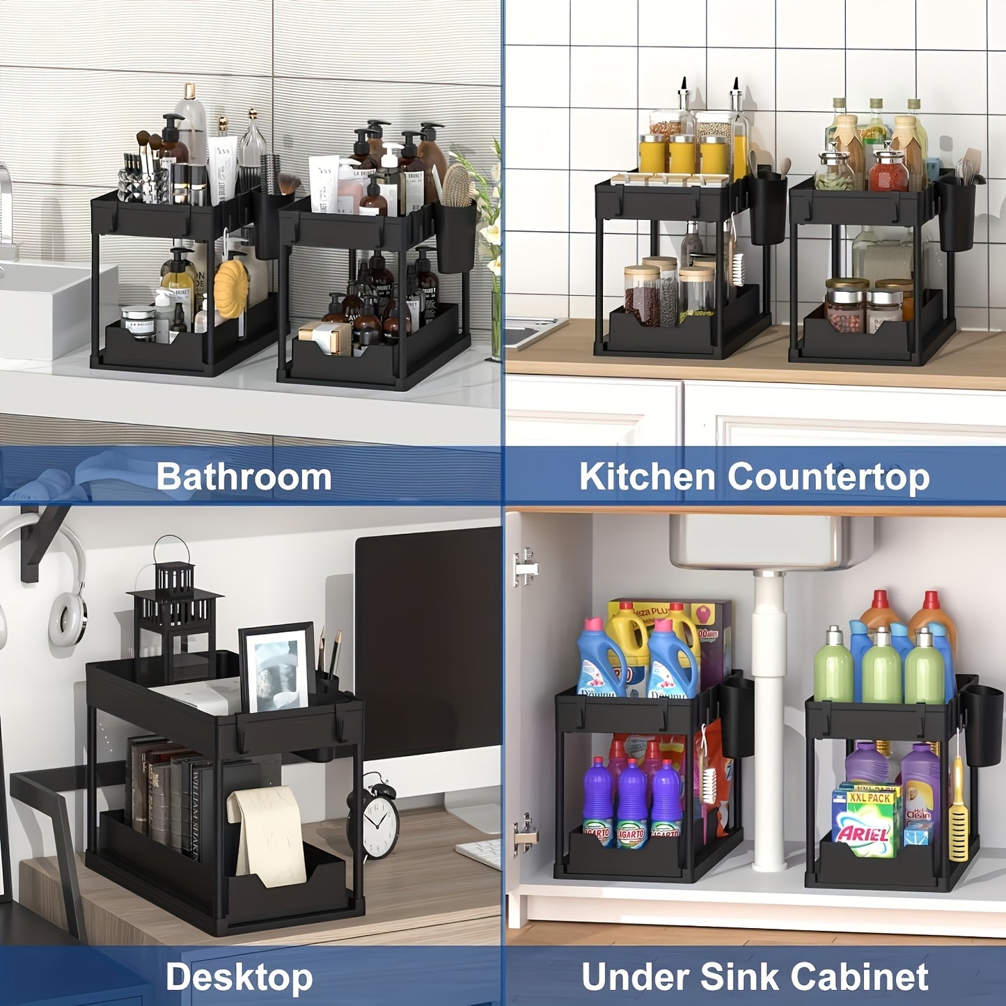 1pc 2-layer sliding sink under cabinet organizer with metal frame - Black/White plastic storage basket, suitable for kitchen spices, cosmetics and accessories, multi-purpose bathroom cabinet drawer organizer, kitchen storage