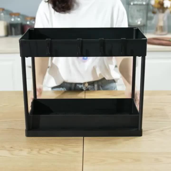 1pc 2-layer sliding sink under cabinet organizer with metal frame - Black/White plastic storage basket, suitable for kitchen spices, cosmetics and accessories, multi-purpose bathroom cabinet drawer organizer, kitchen storage