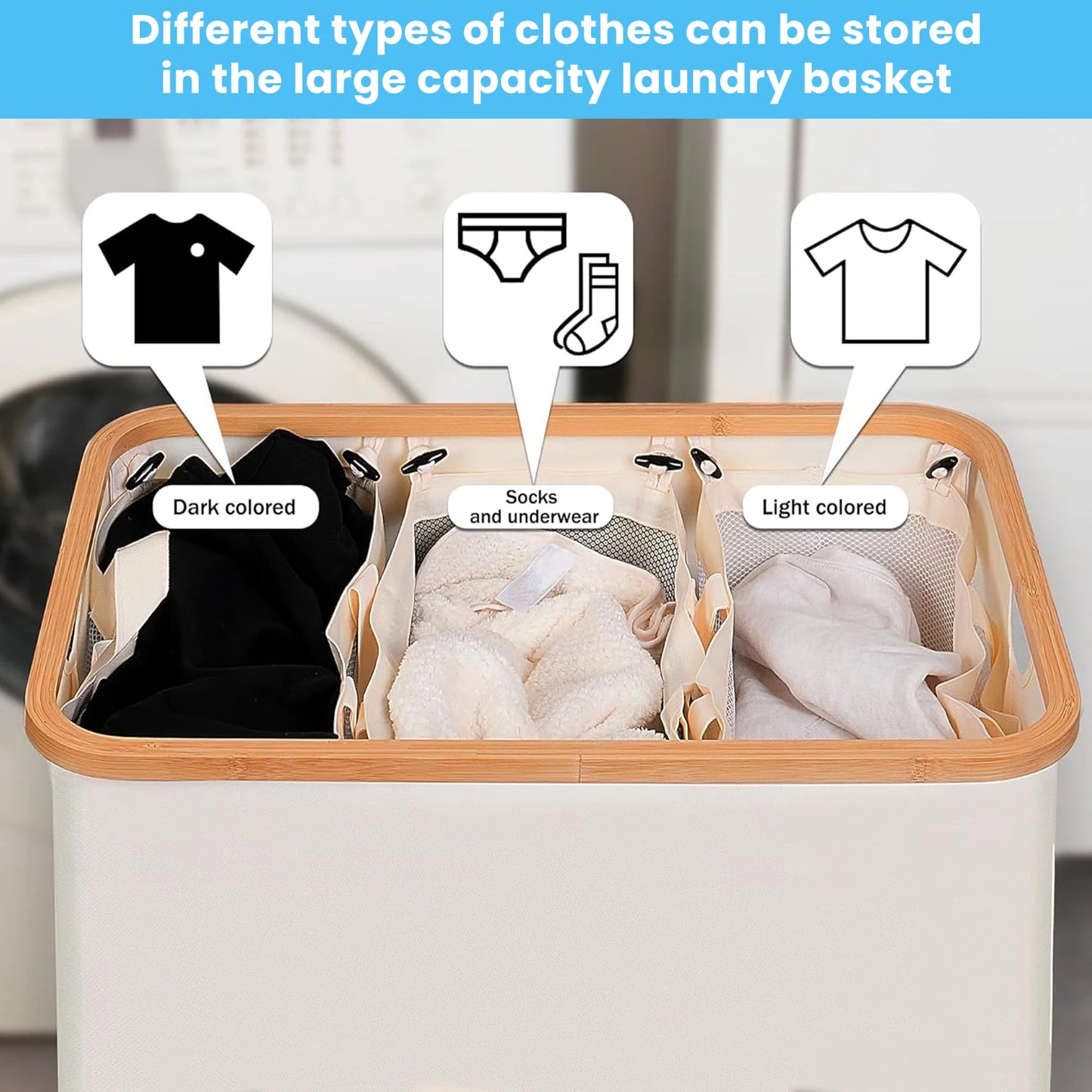 Laundry Basket 100L&160L, Laundry Hamper Slim with Removable and Washable Inner Bag, Laundry Baskets with Handles