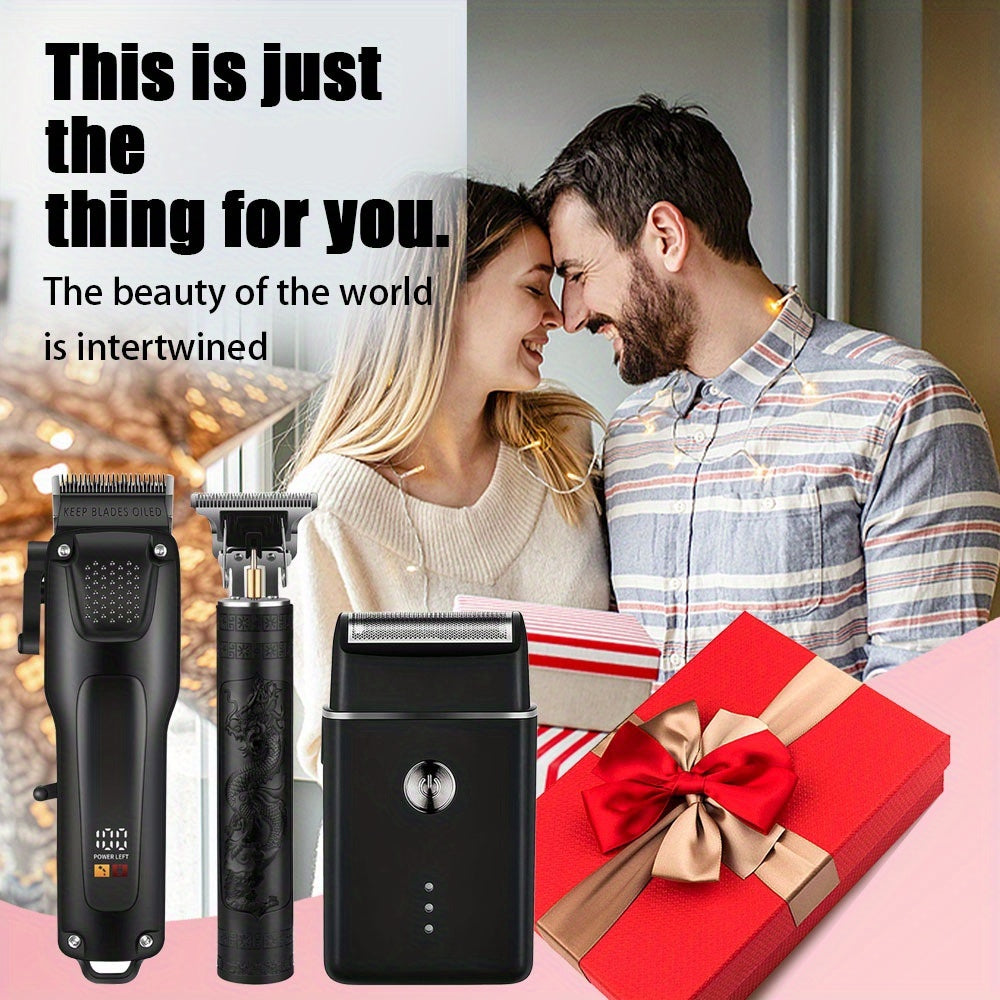 3pcs Men'S Professional Hair & Beard Grooming Kit - Cordless Clippers with LED Display, Precision Trimmer Set, USB Rechargeable, For Home, Perfect Holiday Gift
