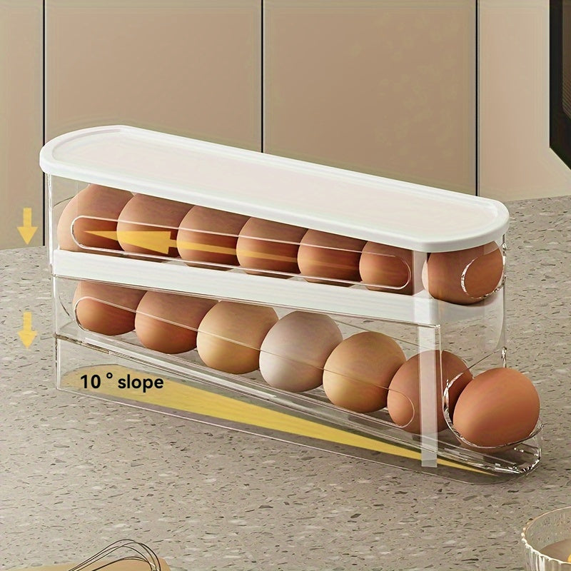 Space-Saving Refrigerator Side Door Rolling Egg Storage Box - Durable Plastic, No Batteries Needed, 2-Tier Transparent Compartments for Easy Egg Access & Organization, Kitchen & Fridge Organizer, Egg Organizer for Refrigerato