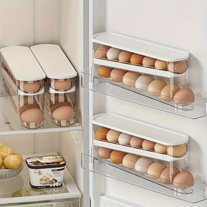 Space-Saving Refrigerator Side Door Rolling Egg Storage Box - Durable Plastic, No Batteries Needed, 2-Tier Transparent Compartments for Easy Egg Access & Organization, Kitchen & Fridge Organizer, Egg Organizer for Refrigerato