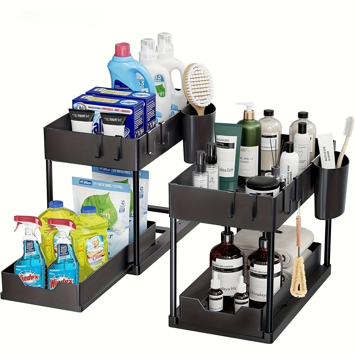 1pc 2-layer sliding sink under cabinet organizer with metal frame - Black/White plastic storage basket, suitable for kitchen spices, cosmetics and accessories, multi-purpose bathroom cabinet drawer organizer, kitchen storage