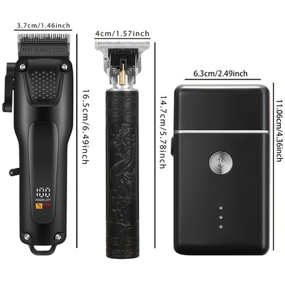 3pcs Men'S Professional Hair & Beard Grooming Kit - Cordless Clippers with LED Display, Precision Trimmer Set, USB Rechargeable, For Home, Perfect Holiday Gift