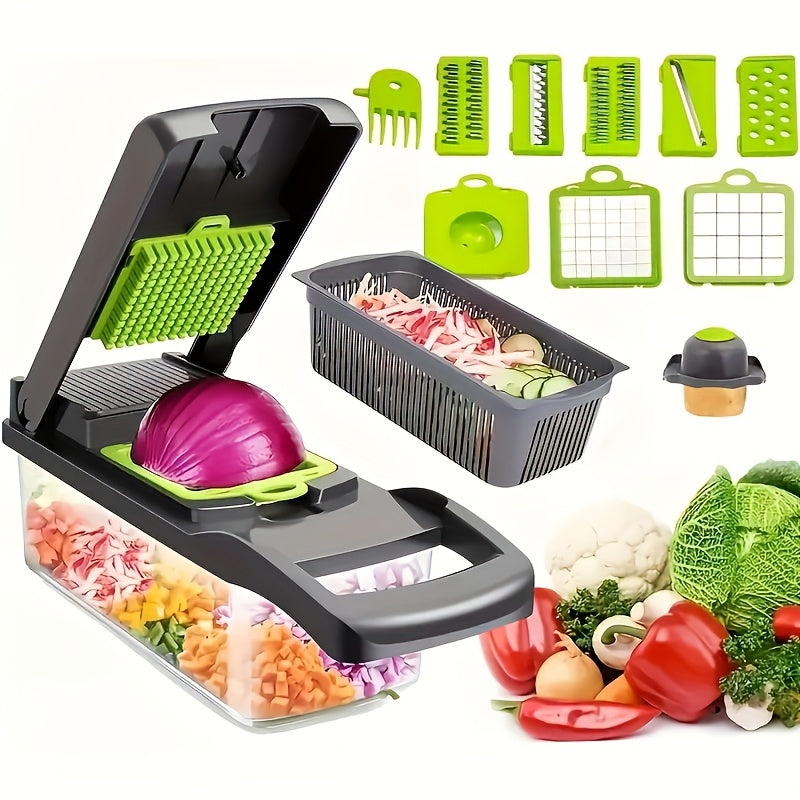 A Set of 16 Multifunctional Kitchen Tools Including a Manual Vegetable Chopper, Fruit Slicer, Food Grater, Onion Chopper, And Potato Chopper with Containers, Perfect for Grilling And Outdoor Cooking., Garage Summer Barbecue A