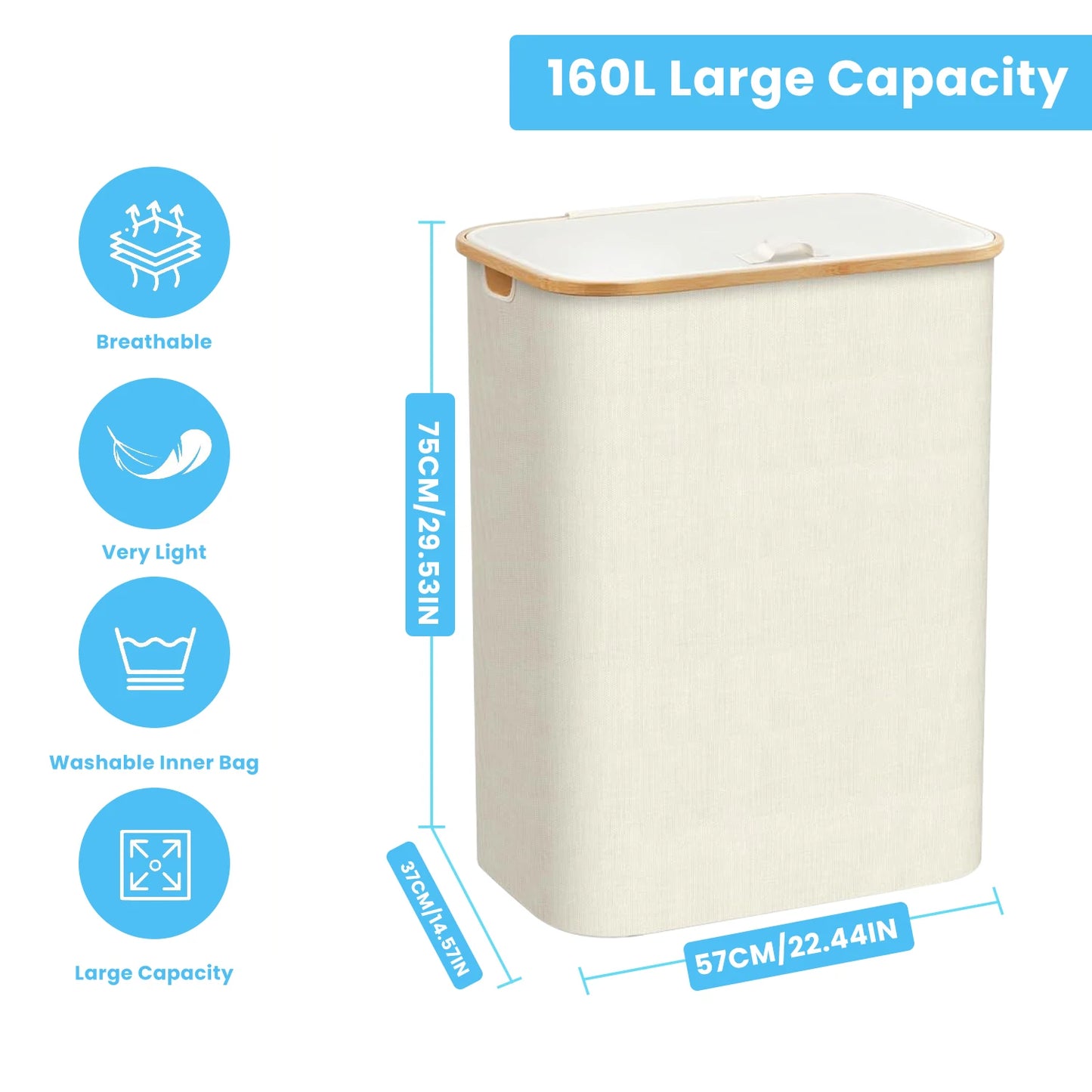 Laundry Basket 100L&160L, Laundry Hamper Slim with Removable and Washable Inner Bag, Laundry Baskets with Handles