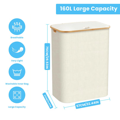 Laundry Basket 100L&160L, Laundry Hamper Slim with Removable and Washable Inner Bag, Laundry Baskets with Handles