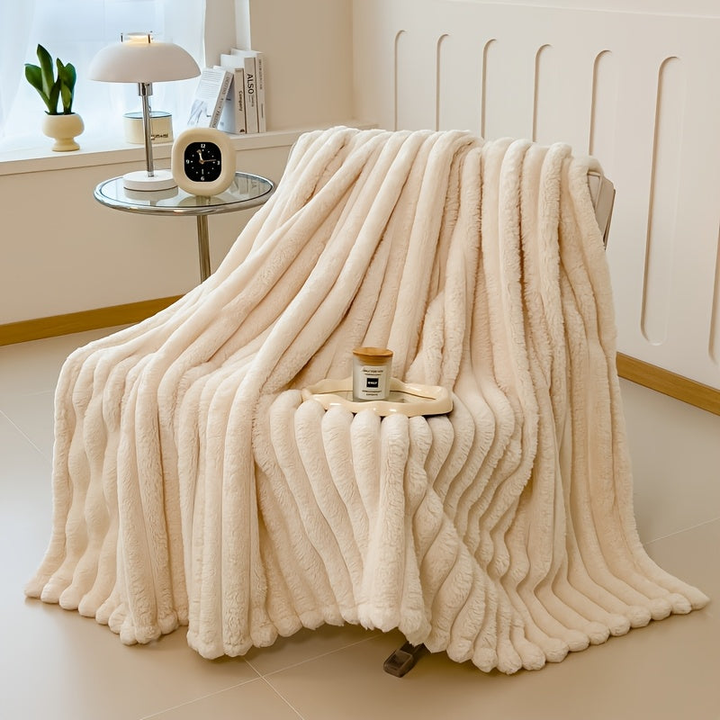 Warm and comfortable flannel drawstring blanket, imitation rabbit fur blanket, soft and warm sofa blanket, suitable for napping, office, outdoor camping, sofa nap blanket, versatile striped pattern gift blanket for all season
