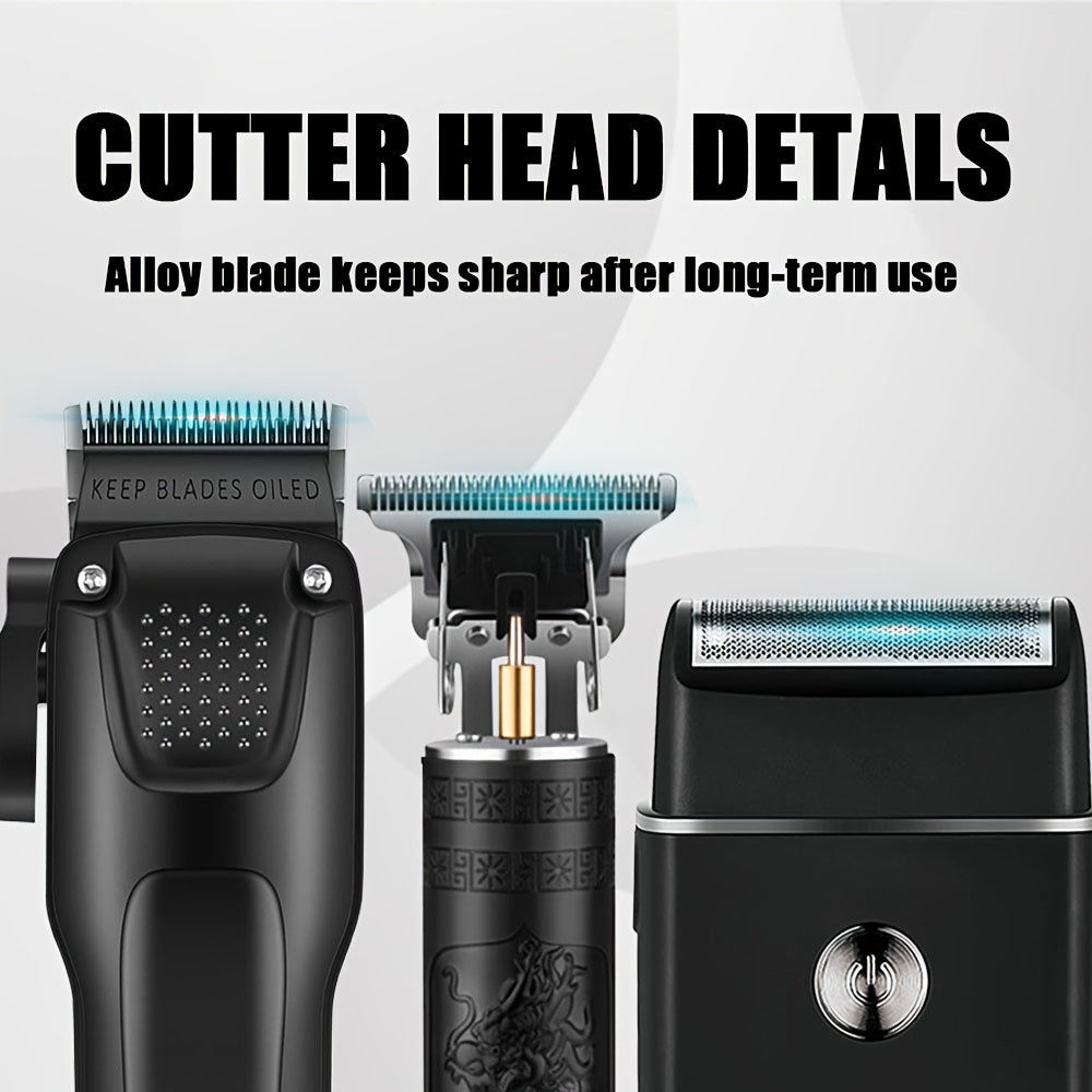 3pcs Men'S Professional Hair & Beard Grooming Kit - Cordless Clippers with LED Display, Precision Trimmer Set, USB Rechargeable, For Home, Perfect Holiday Gift